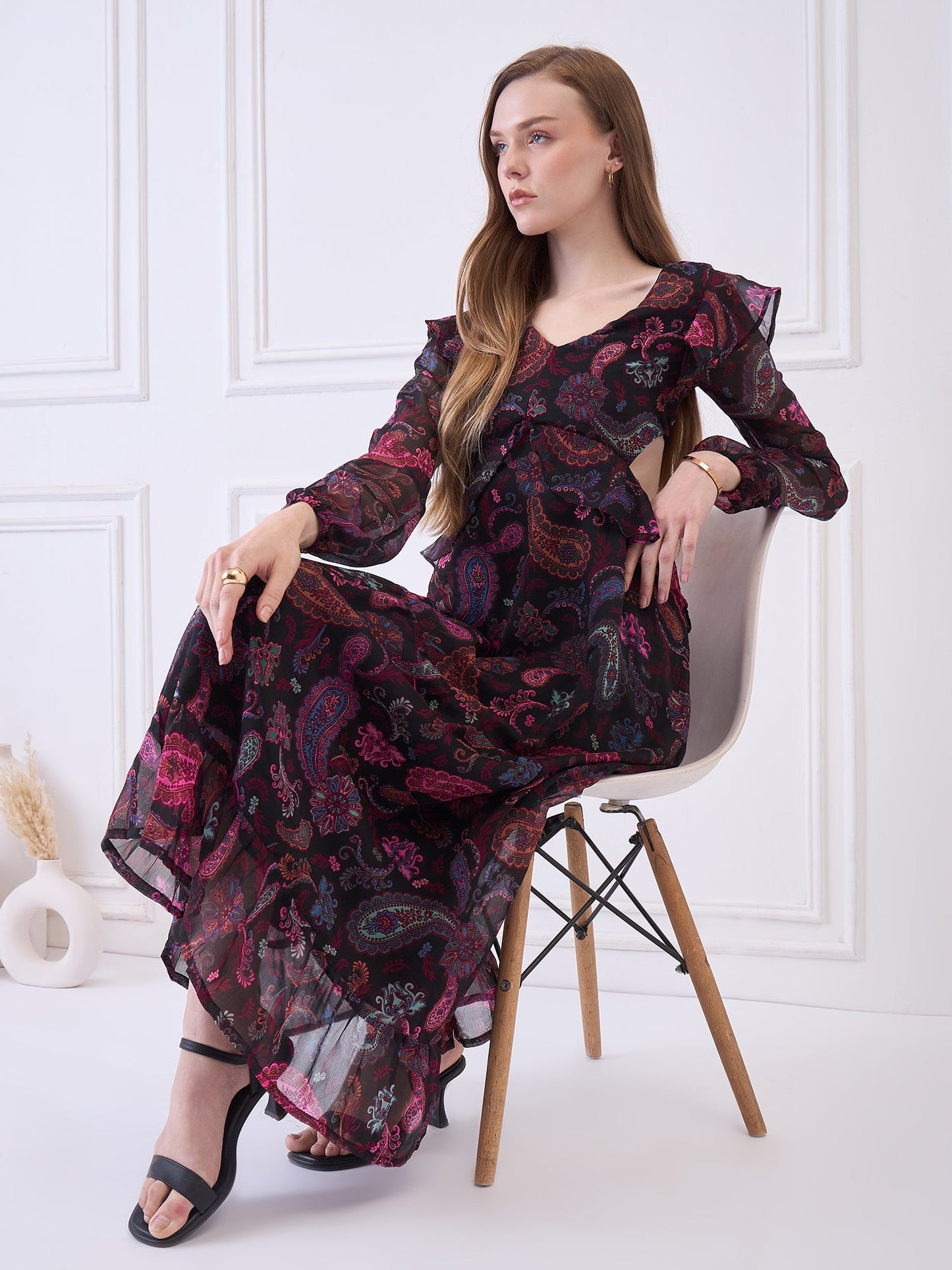 Flawless Women Multicolor Maxi Maroon Dress | RUFFLE Being Flawless