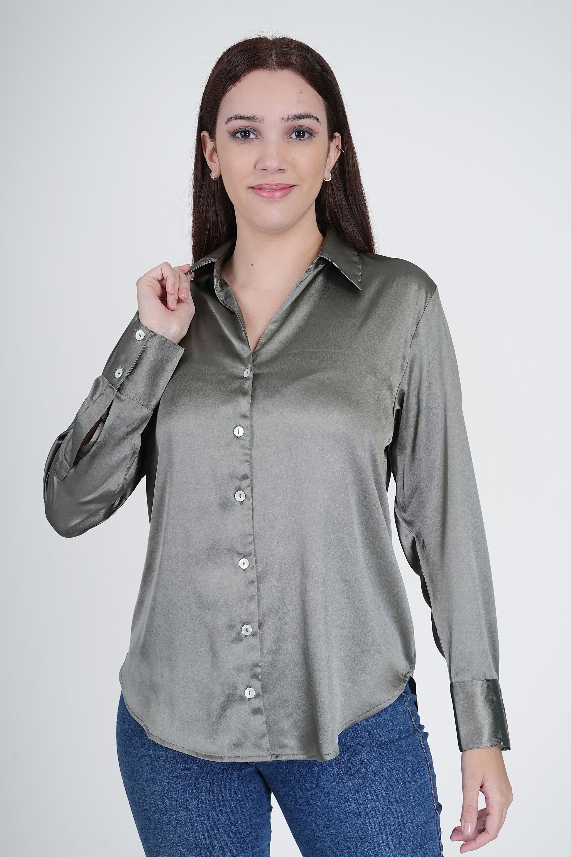 Olive Green Satin Shirt for Women Being Flawless Olive Green Satin Shirt for Women Being Flawless