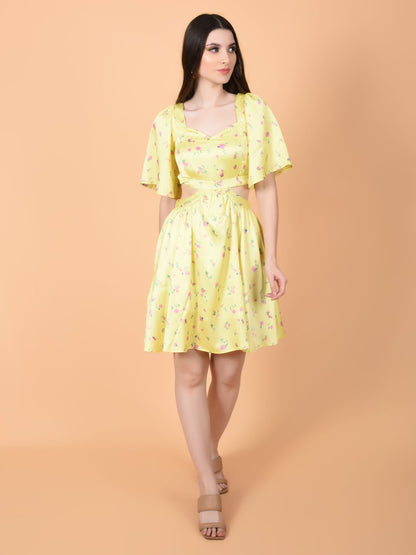 Yellow Print Dress in Luxurious Satin | ALAN Being Flawless
