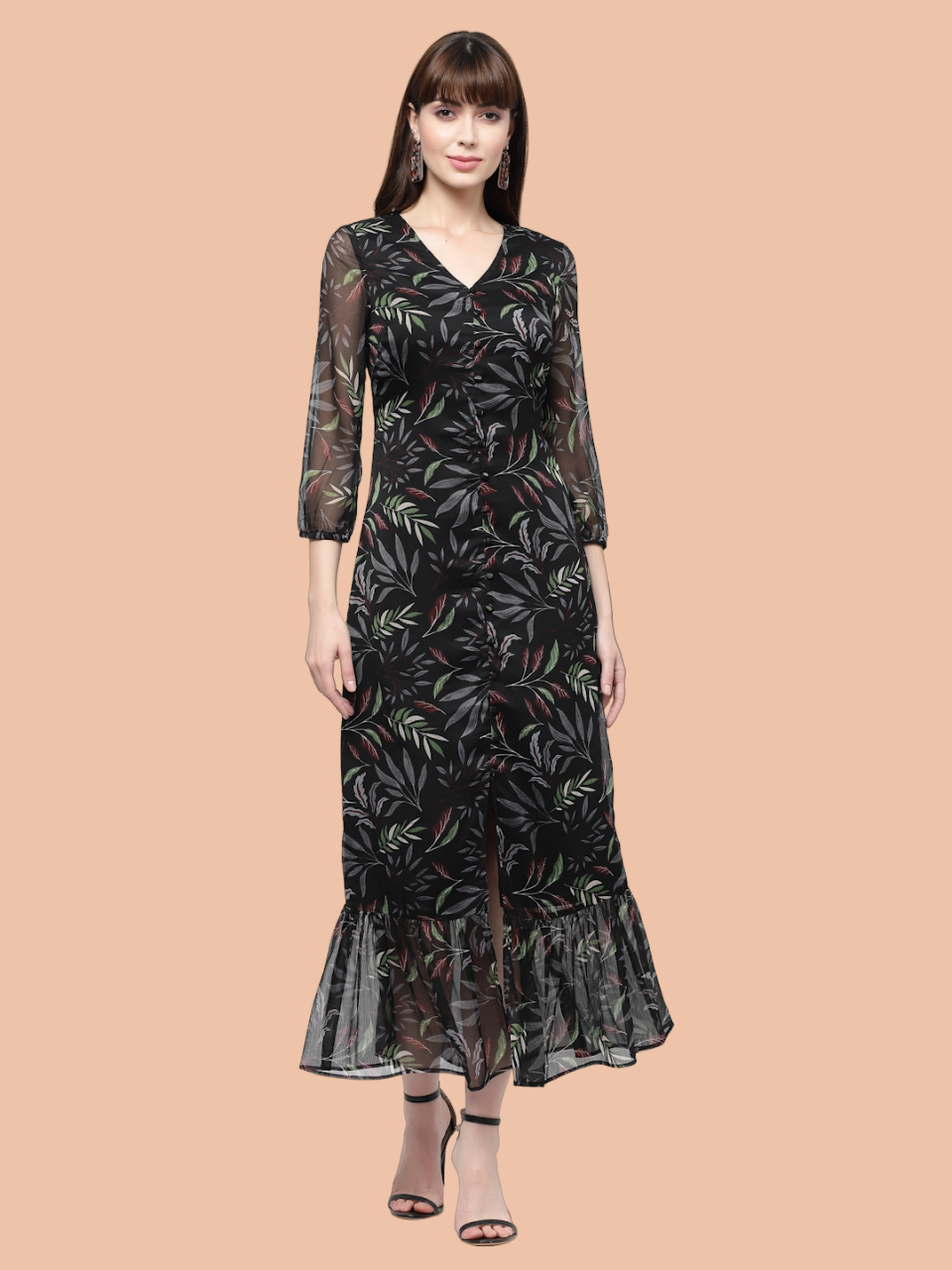 Flawless Leaf Print Flared Midi Dress For Women | TULIP Being Flawless