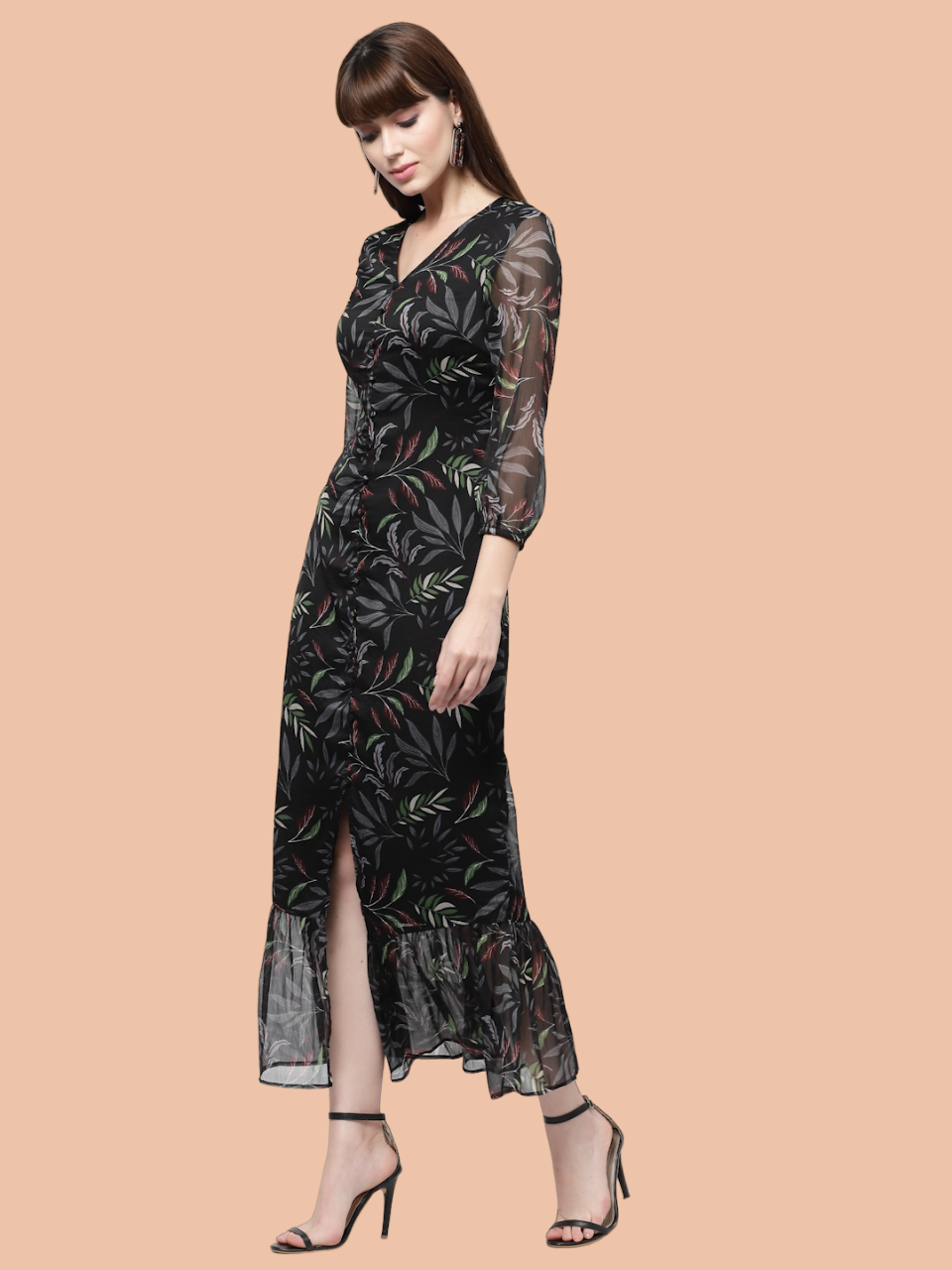 Flawless Leaf Print Flared Midi Dress For Women | TULIP Being Flawless
