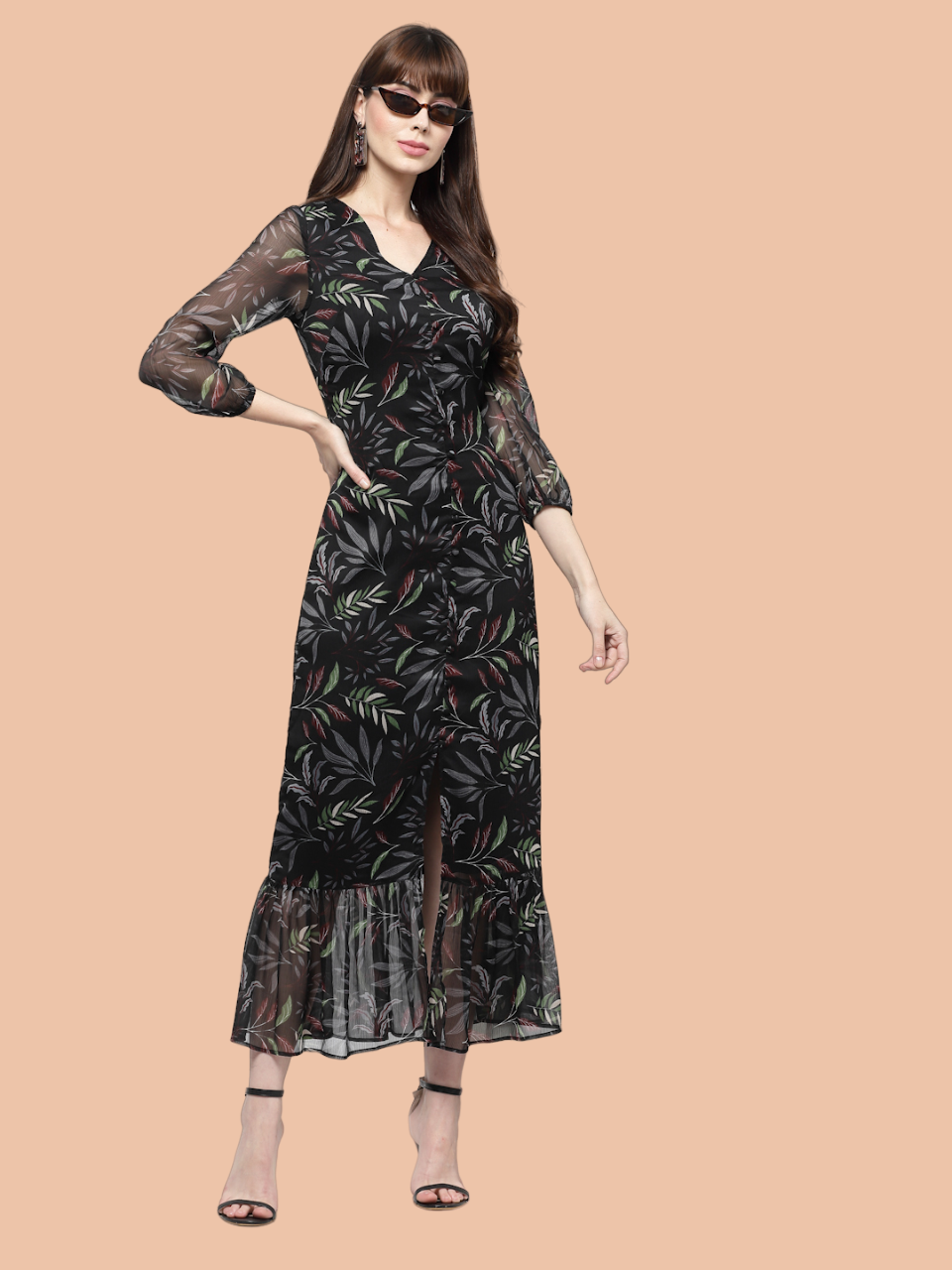 Flawless Leaf Print Flared Midi Dress For Women | TULIP Being Flawless
