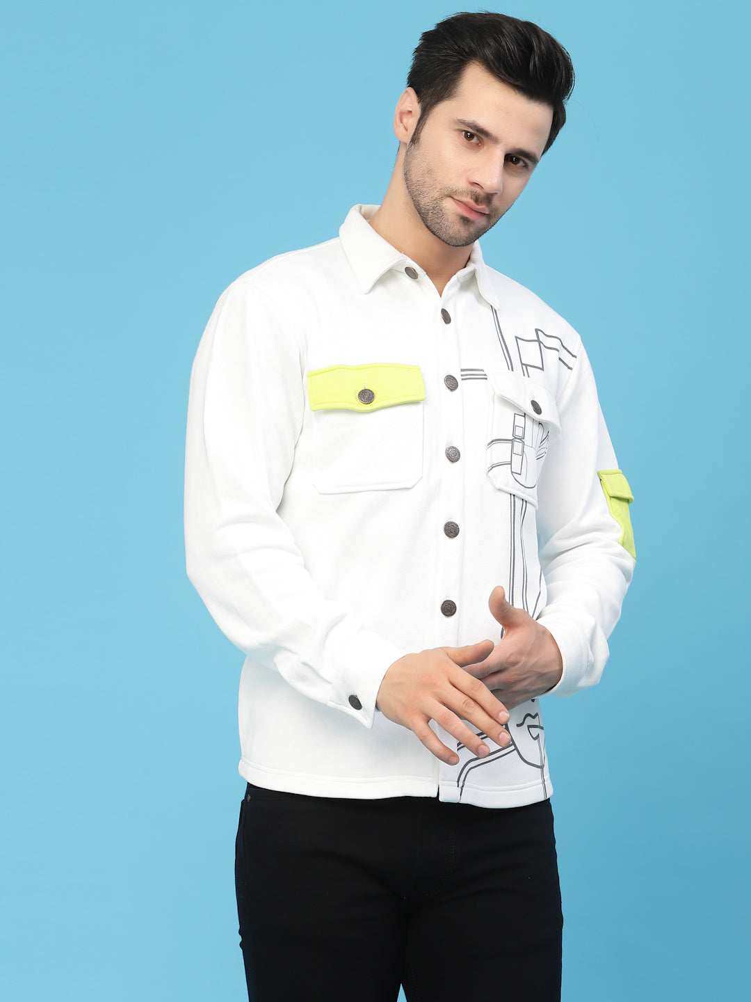 Flawless White Printed Jacket For Men | SHAMAN Being Flawless
