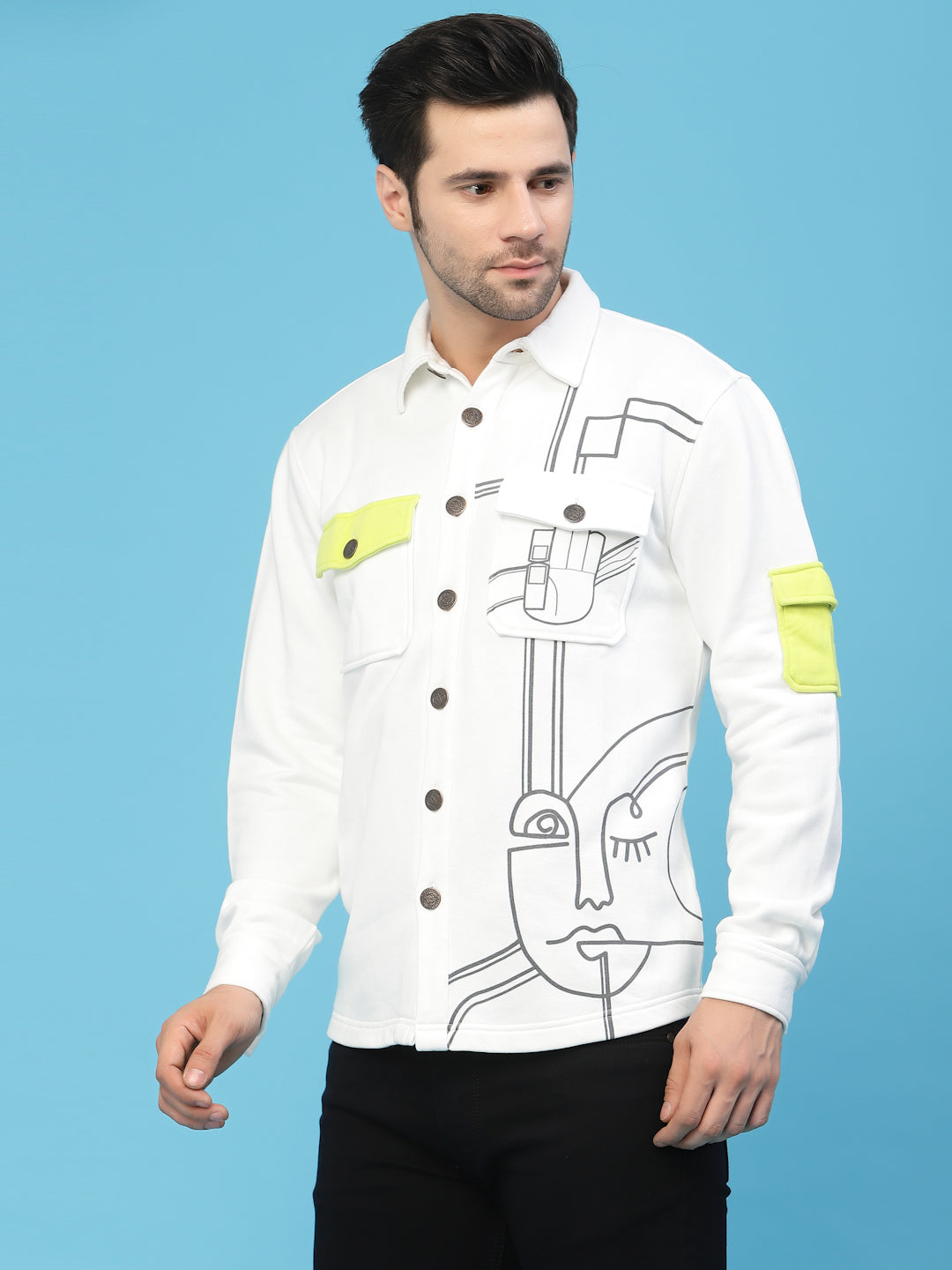 Flawless White Printed Jacket For Men | SHAMAN Being Flawless
