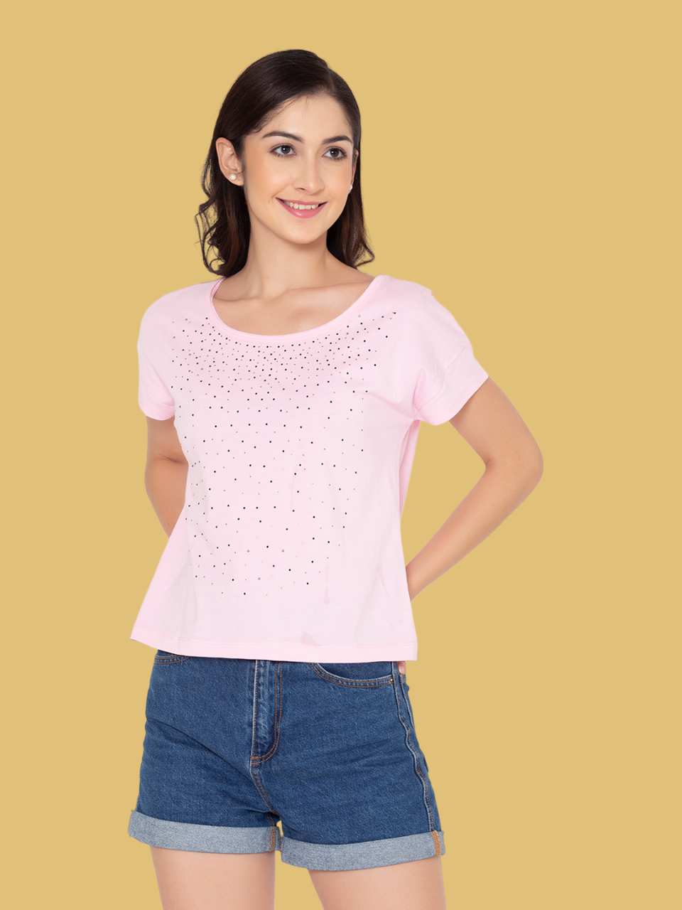 Flawless Women Pink Embellished Cotton Top Being Flawless