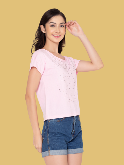 Flawless Women Pink Embellished Cotton Top Being Flawless