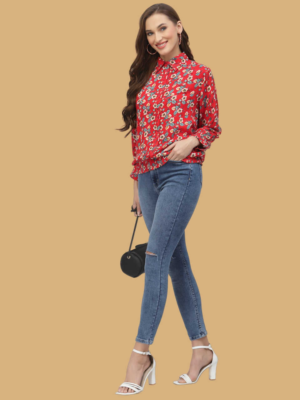 Flawless Women Shirt Style Red Floral Top Being Flawless
