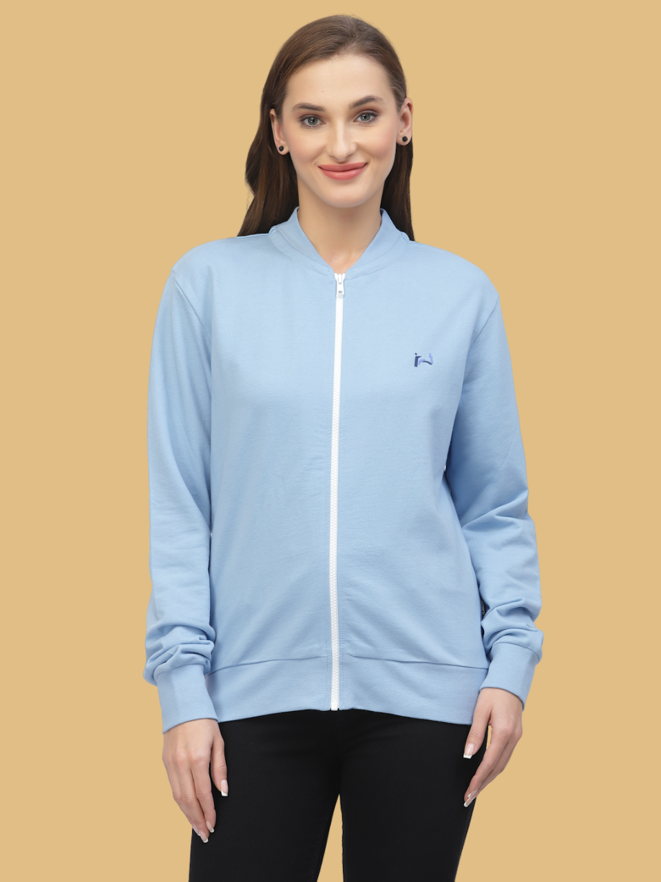 Flawless Women Blue Solid Zipper Sweatshirt Being Flawless