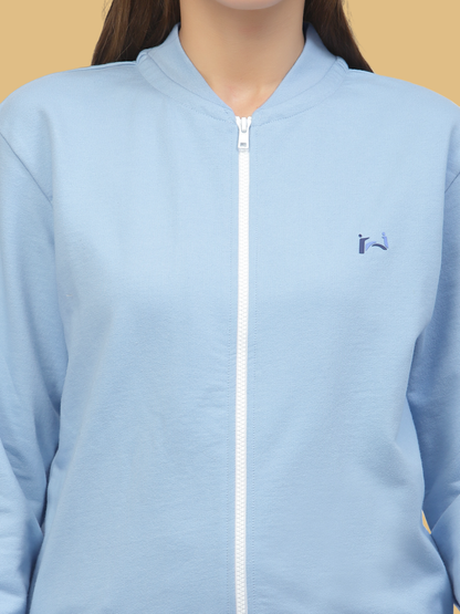 Flawless Women Blue Solid Zipper Sweatshirt Being Flawless