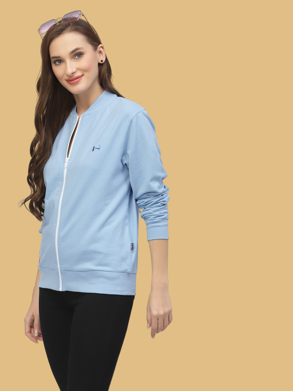Flawless Women Blue Solid Zipper Sweatshirt Being Flawless
